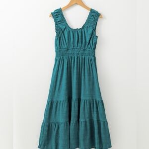 Shirred Pleated Square Neck Sleeveless Teal Tiered Midi Dress Sz S M L XL